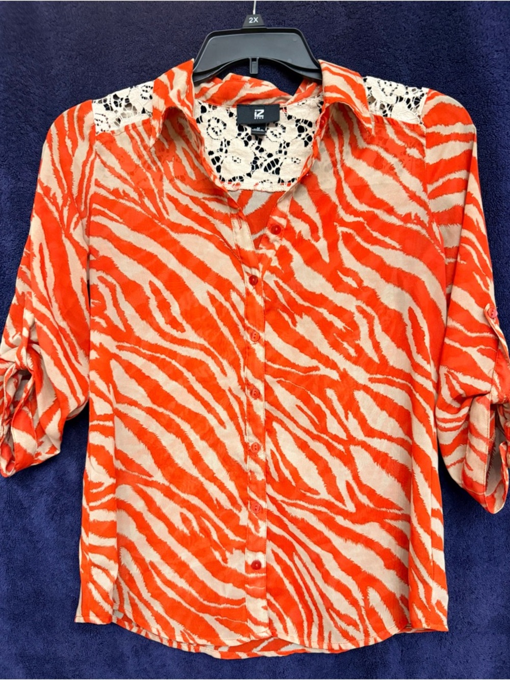 Iz Byer Orange and Cream Lace-Trim Blouse